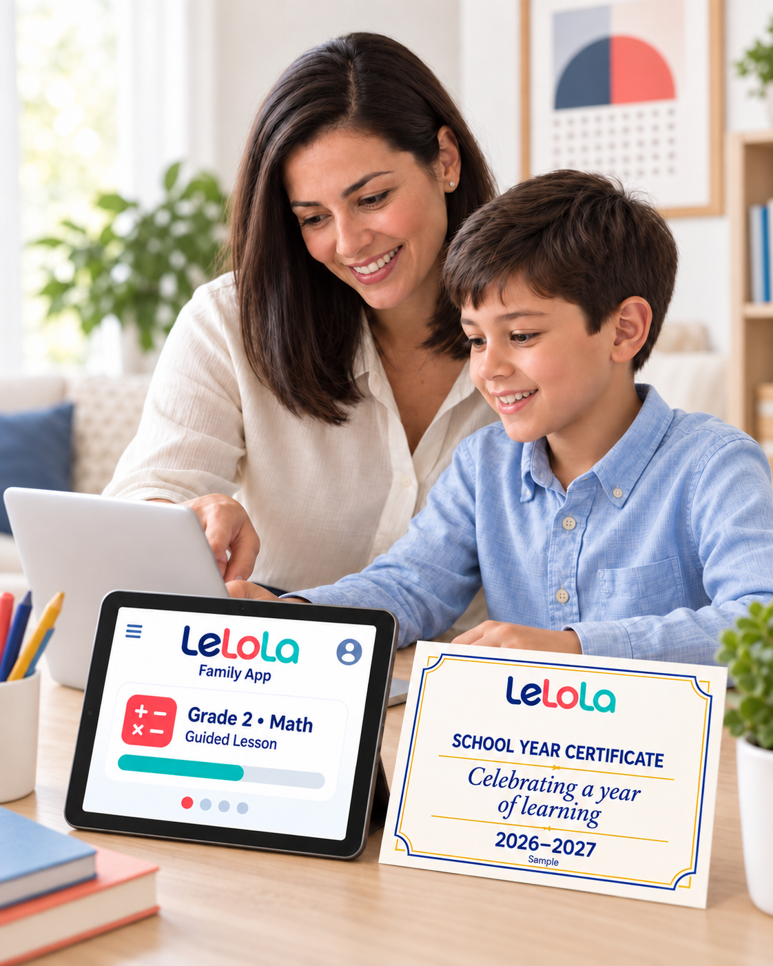 A mother teaching her child at home, with an illustrative LeLoLa Family App tablet and a sample school-year certificate celebrating a year of learning
